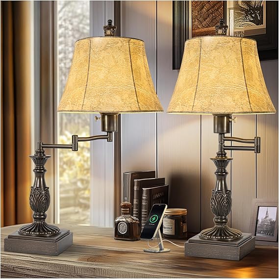 Swing Arm Table Lamp Set of 2 with USB-A & USB-C Charging Ports