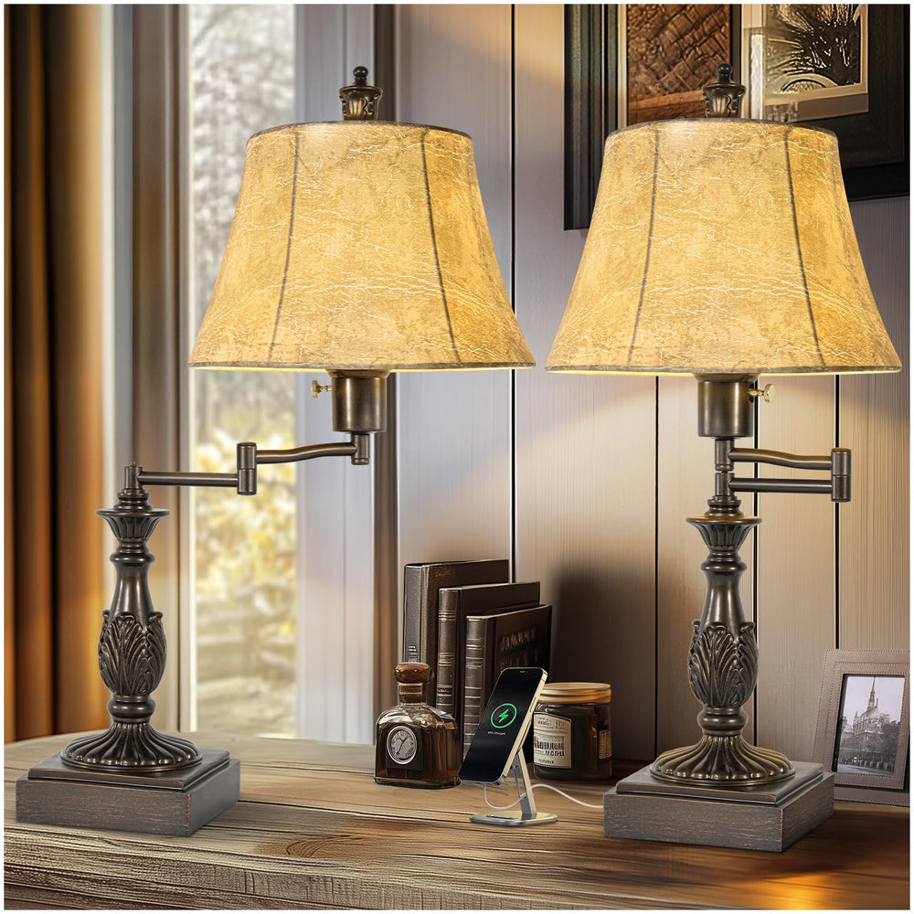 Rustic Swing Arm Table Lamp Set of 2 with USB A+C Ports