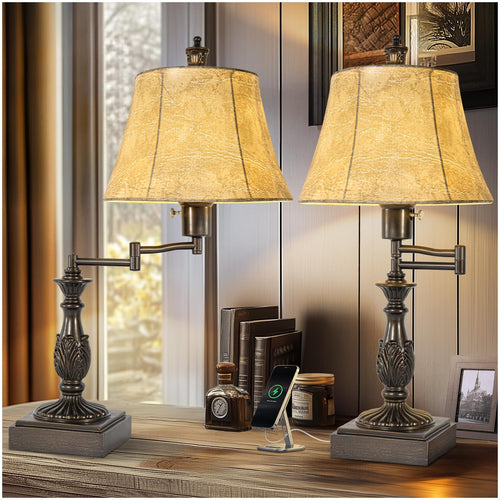 Rustic Swing Arm Table Lamp Set of 2 with USB A+C Ports