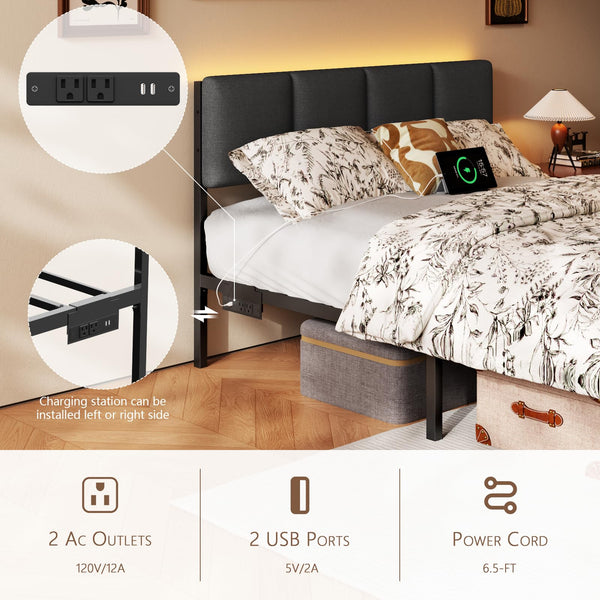 Full Size Bed Frame with LED Lighting, USB Charging & Storage Drawers