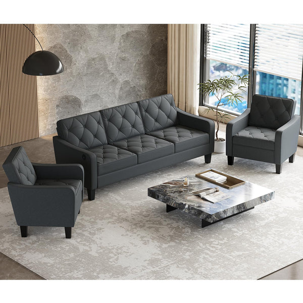 3-Seater Tufted Sofa – Linen Upholstered Couch for Living Room