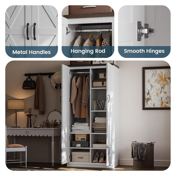 Freestanding Wardrobe Closet with Doors & Hanging Rod