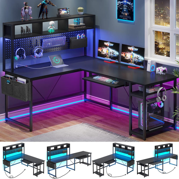 L-Shaped Gaming & Home Office Desk with Power Outlet, LED Lights & Pegboard