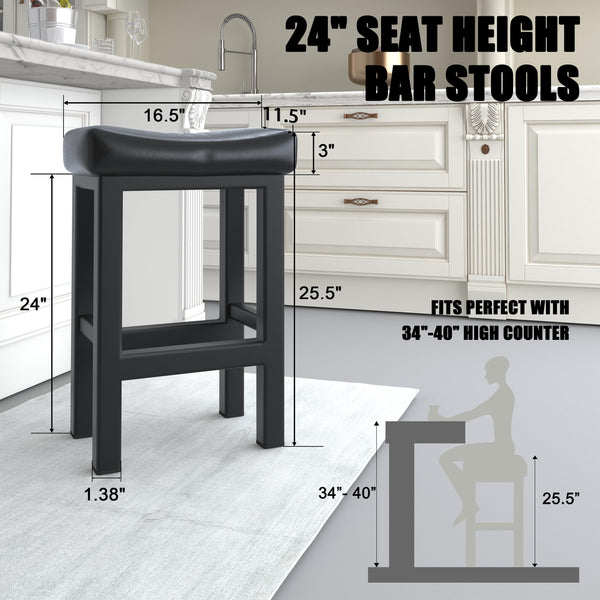 Bar Stools Set of 2, 24 Inch Counter Height Bar Stools for Kitchen Island, Faux Leather Upholstered Thick Saddle Seats & Heavy Duty Metal Base, Easy Assembly, Black