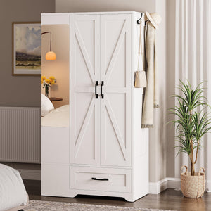 70" Wardrobe Closet with Mirror, Drawer & Side Shelves