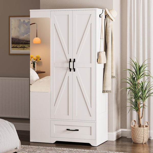 70" Wardrobe Closet with Mirror, Drawer & Side Shelves