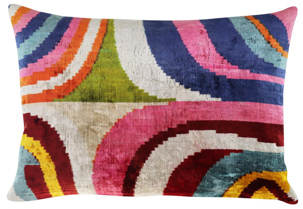 Silk Velvet Throw Pillow 16x24 – Rainbow Ikat Bohemian Accent Cushion