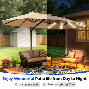 15FT Rectangular Cantilever Patio Umbrella with Solar LED Lights & Weighted Base
