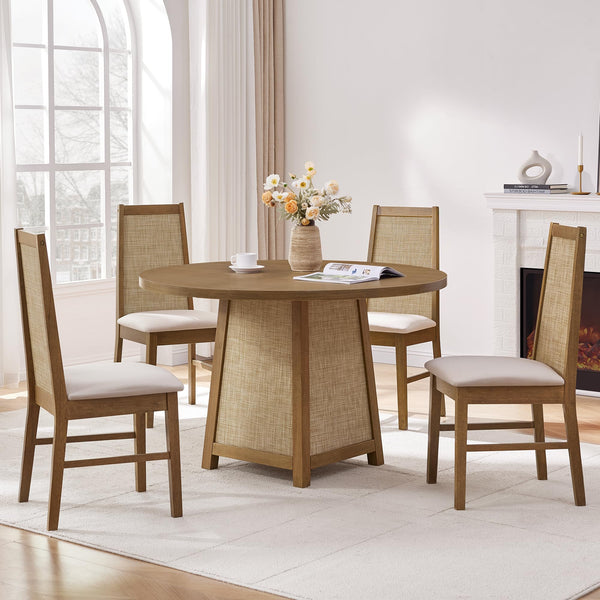 Rattan High Back Dining Chairs with Solid Wood Legs