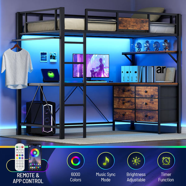 Twin Loft Bed with L-Shaped Desk, LED Lights & Storage