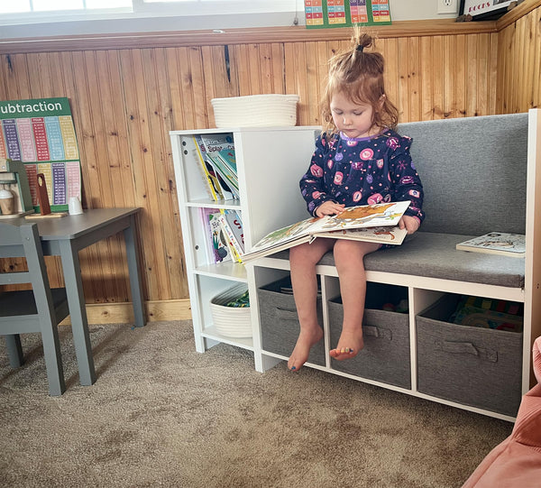 Kids Reading Nook Bench with Bookshelf and Storage Organizer
