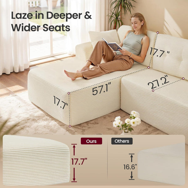 Modular Sectional Sofa with Left-Facing Chaise – Cream White Corduroy