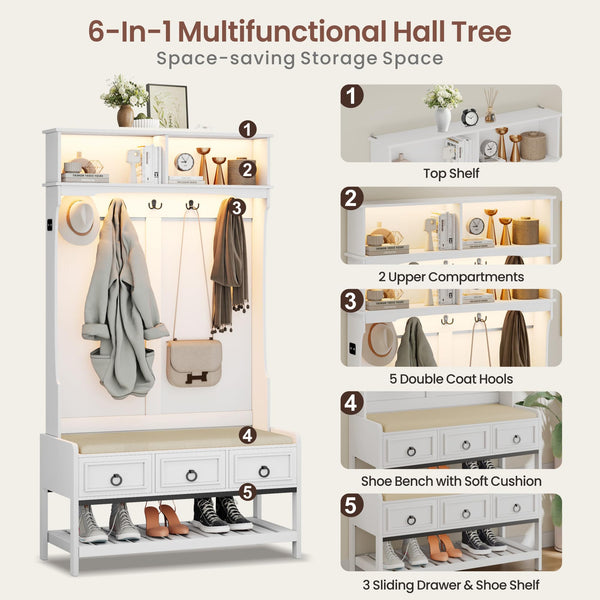 Farmhouse Hall Tree with LED Lights, Cushioned Bench & Shoe Storage