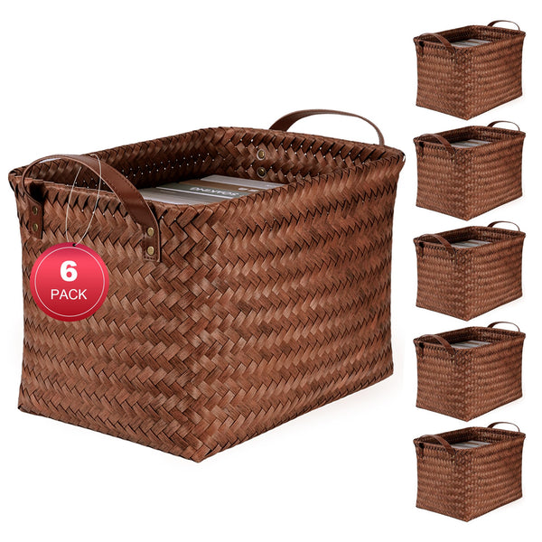 Woven Storage Baskets with Leather Handle