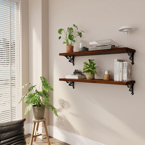 Solid Wood Floating Wall Shelves with Metal Brackets – Set of 2