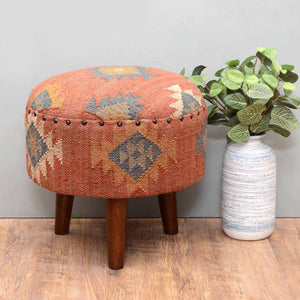 Round Jute Pouf Ottoman with Wooden Legs