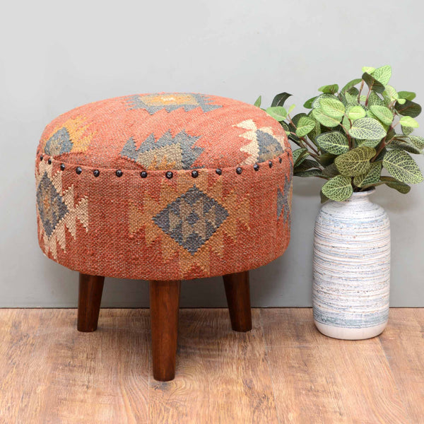Round Jute Pouf Ottoman with Wooden Legs