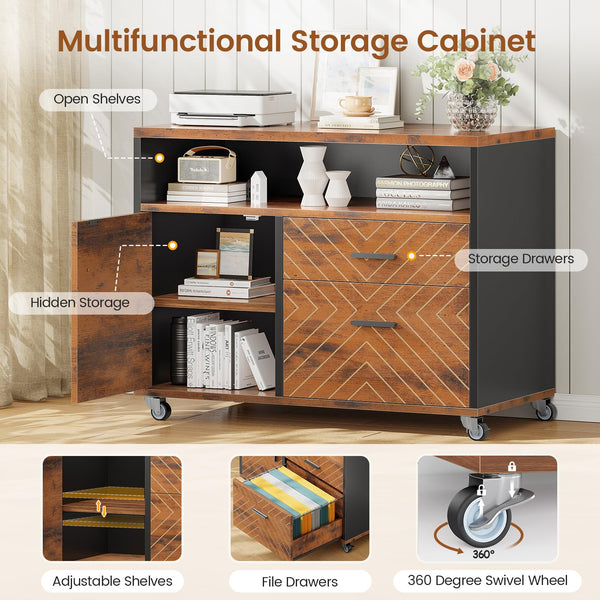 L-Shaped Executive Desk with Rolling File Cabinet, Power Outlets, CPU Stand & Pegboard