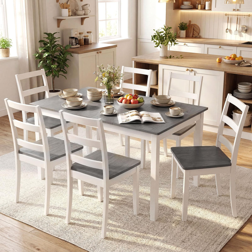 7-Piece Farmhouse Dining Table Set with 6 Chairs — Rubber Wood Legs