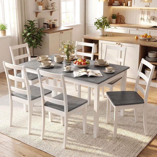 7-Piece Farmhouse Dining Table Set with 6 Chairs — Rubber Wood Legs