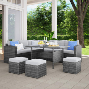 7-Piece Outdoor Wicker Patio Furniture Set with Cushions – Light Grey