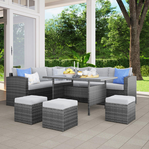 7-Piece Outdoor Wicker Patio Furniture Set with Cushions – Light Grey
