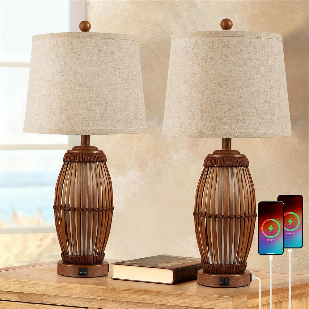 Bamboo Woven Table Lamp Set of 2 with Nightlight & USB Ports