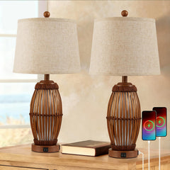 Bamboo Woven Table Lamp Set of 2 with Nightlight & USB Ports