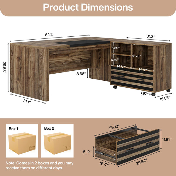 L-Shaped Executive Desk with Mobile File Cabinet and Storage Shelves
