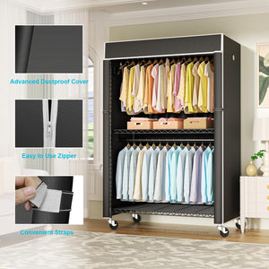 Covered Rolling Clothes Rack with Shelves & Hanger Rods