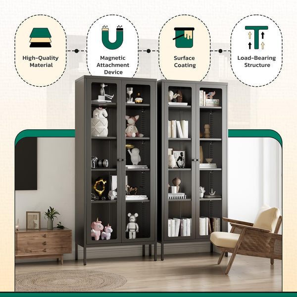 Metal Glass Display Cabinet with 5-Tier Storage Shelves