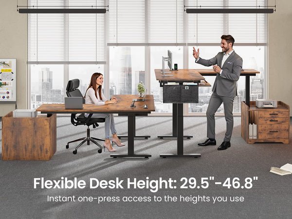 L-Shaped Electric Standing Desk with File Cabinet