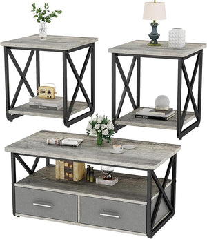 3 Piece Coffee Table Set with Fabric Drawers and Storage Shelves