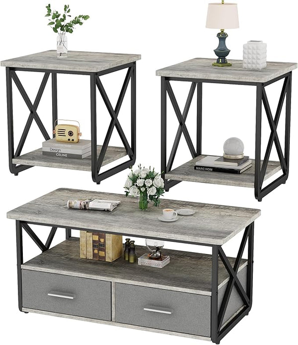 3 Piece Coffee Table Set with Fabric Drawers and Storage Shelves