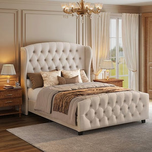 Upholstered Wingback Platform Bed Frame with Tufted Headboard