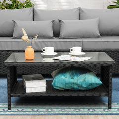 Outdoor Wicker Coffee Table with 2-Layer Glass Storage