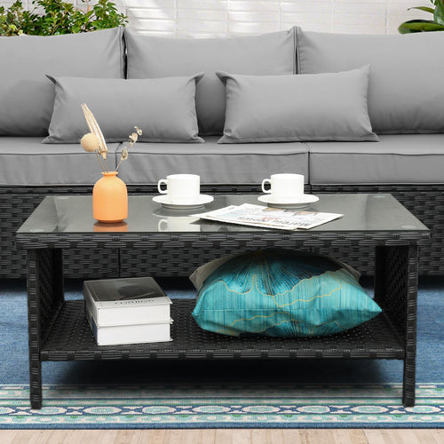Outdoor Wicker Coffee Table with 2-Layer Glass Storage