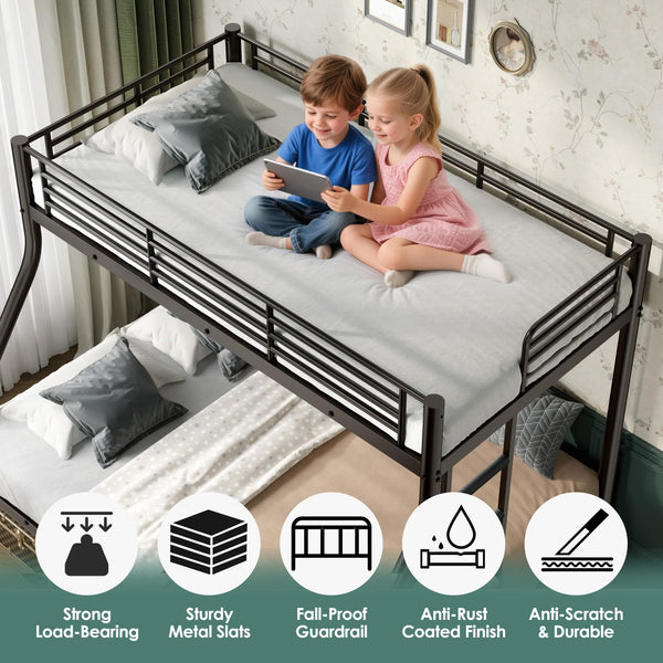 Twin XL Over Queen Bunk Bed – Heavy Duty Metal Frame with Guardrail