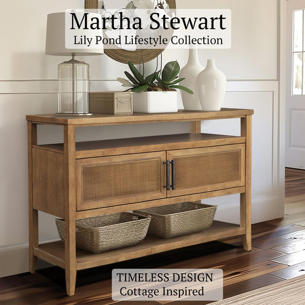Console Table with Storage Cabinet – Cane Door, Honey Wood Finish, 47.75"W