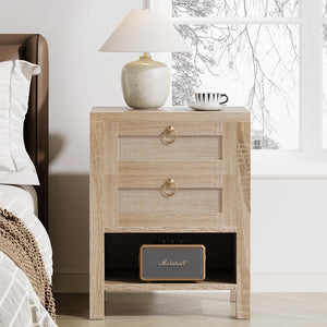 Rattan Nightstand with Charging Station and Storage Drawers