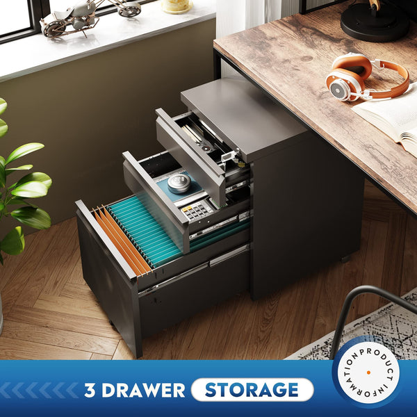 3-Drawer Mobile File Cabinet with Lock