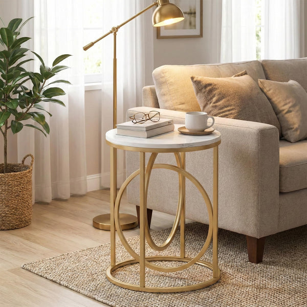 Round End Table Set of 2 with Gold O-Shaped Base