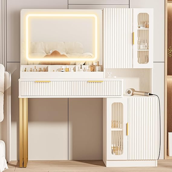 44-Inch Lighted Makeup Vanity Desk with Mirror & Power Outlet