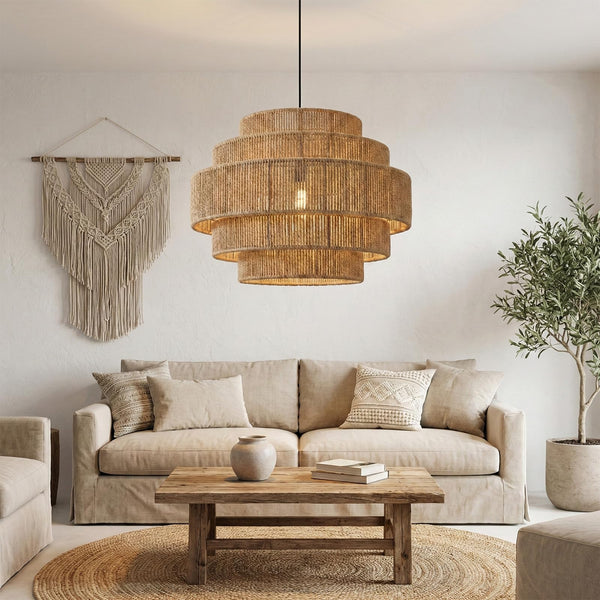 5-Tier Handwoven Rattan Pendant Chandelier 13" Boho Ceiling Light