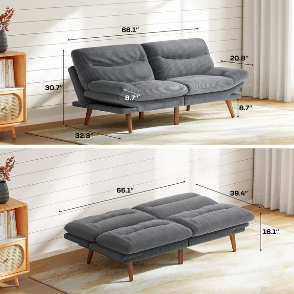 66-Inch Convertible Futon Sofa Bed with Adjustable Backrest & Armrests – Corduroy Loveseat