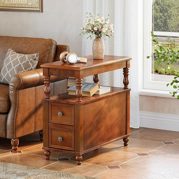 Mid-Century Wood End Table with 2 Drawers and Storage Shelf