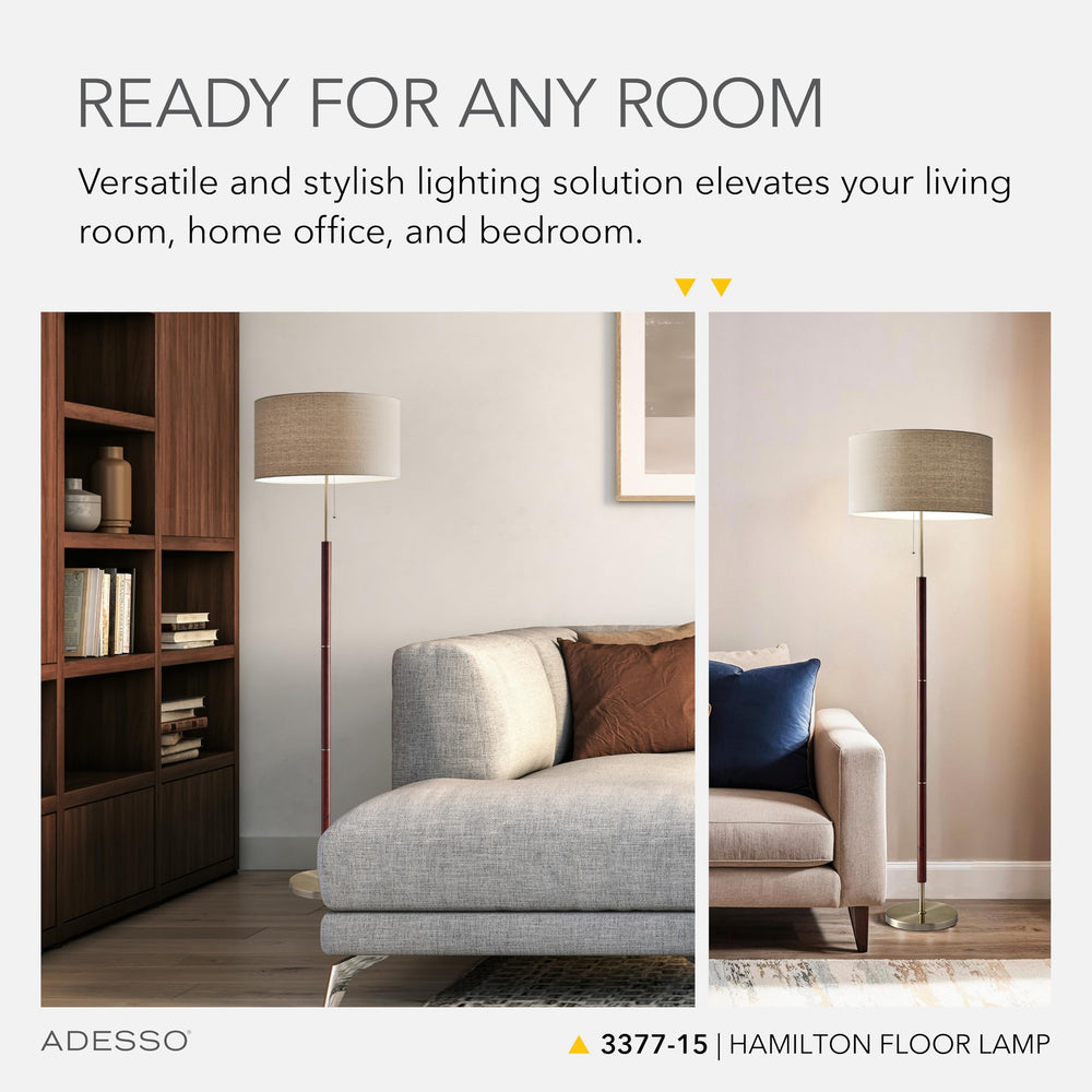 Walnut & Brass Floor Lamp with Linen Drum Shade