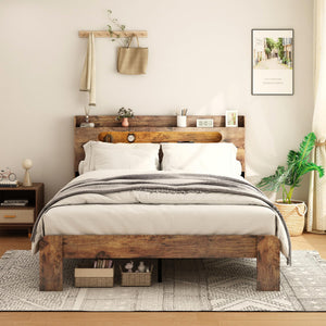 Queen Platform Bed Frame with Storage Headboard, LED Lights & Charging Station, Dark Brown