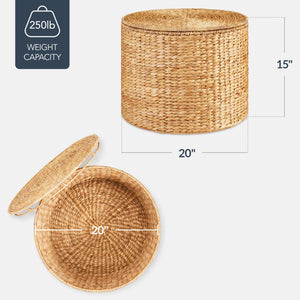 Round Water Hyacinth Storage Ottoman with Lid