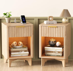 Fluted Nightstand with Charging Station & LED Light